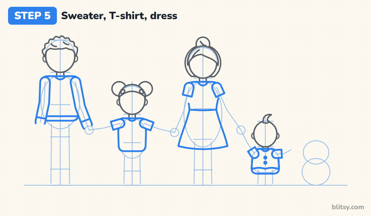 How to draw a family step by step step 5 - draw the tops for all four