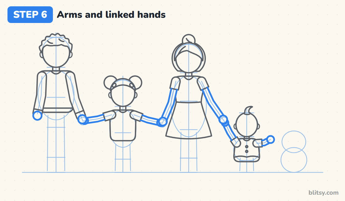How to draw a family step by step step 6 - add the arms and the linked hands