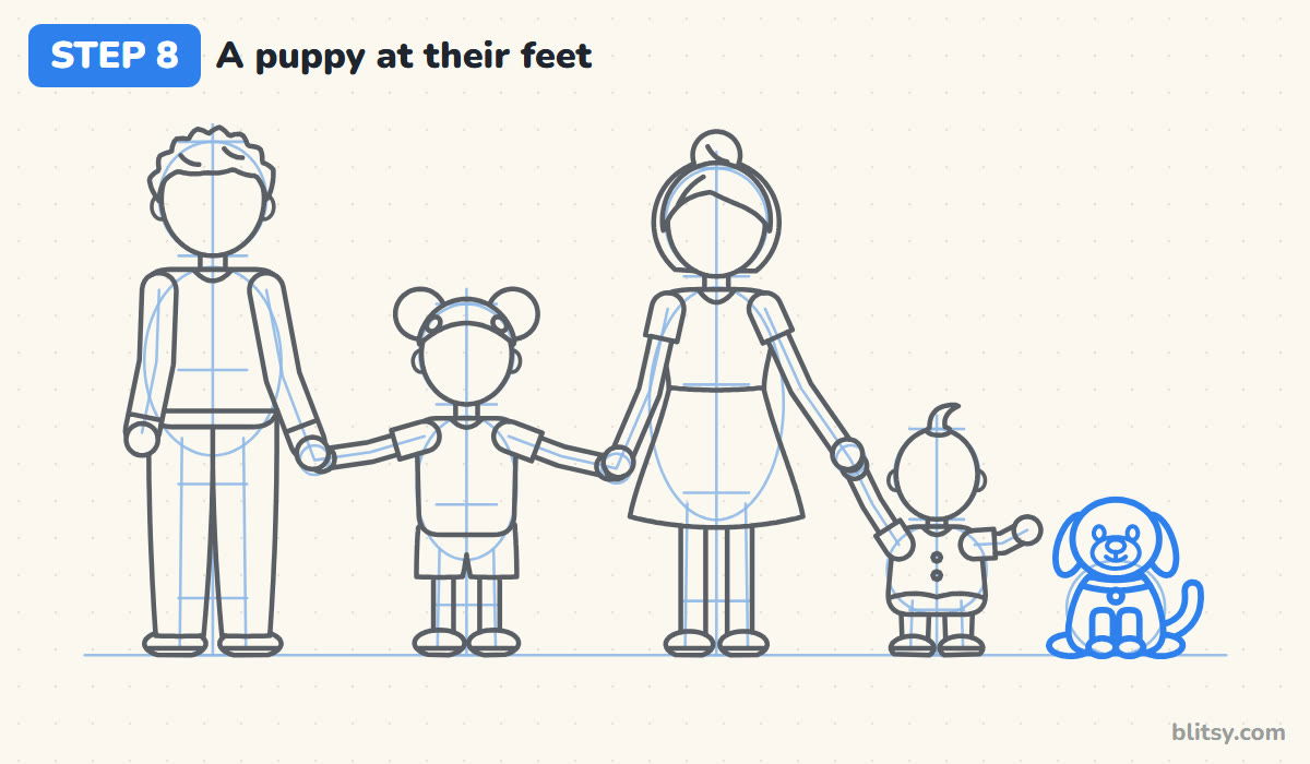 How to draw a family step by step step 8 - add a puppy at the end of the row