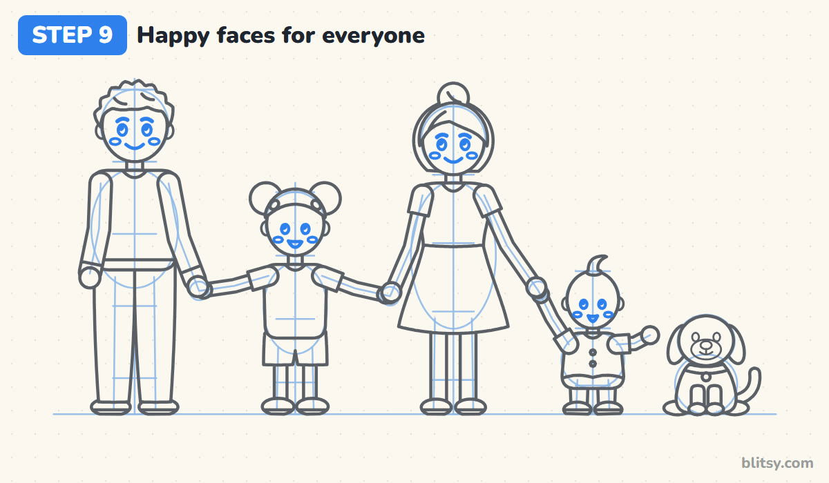How to draw a family step by step step 9 - draw happy faces for everyone