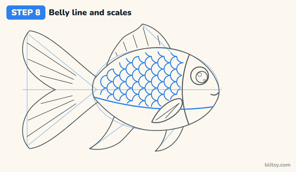 How to draw a fish step by step step 8 - draw the belly line and scales