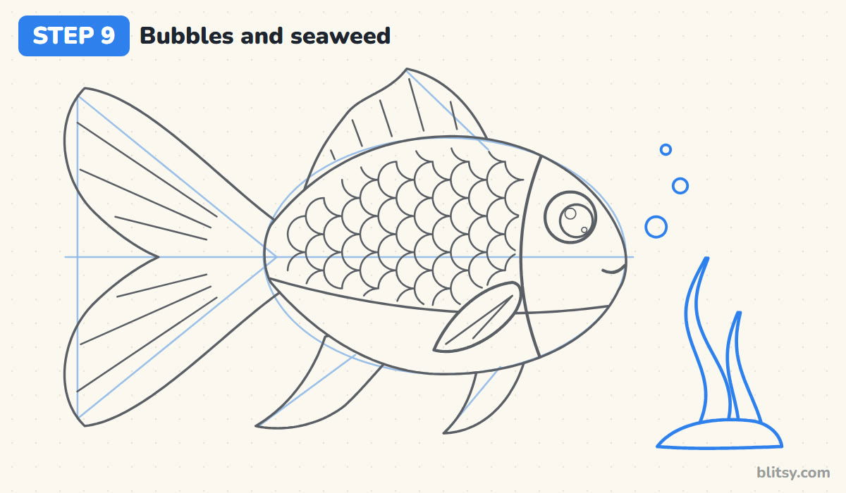 How to draw a fish step by step step 9 - add bubbles and seaweed