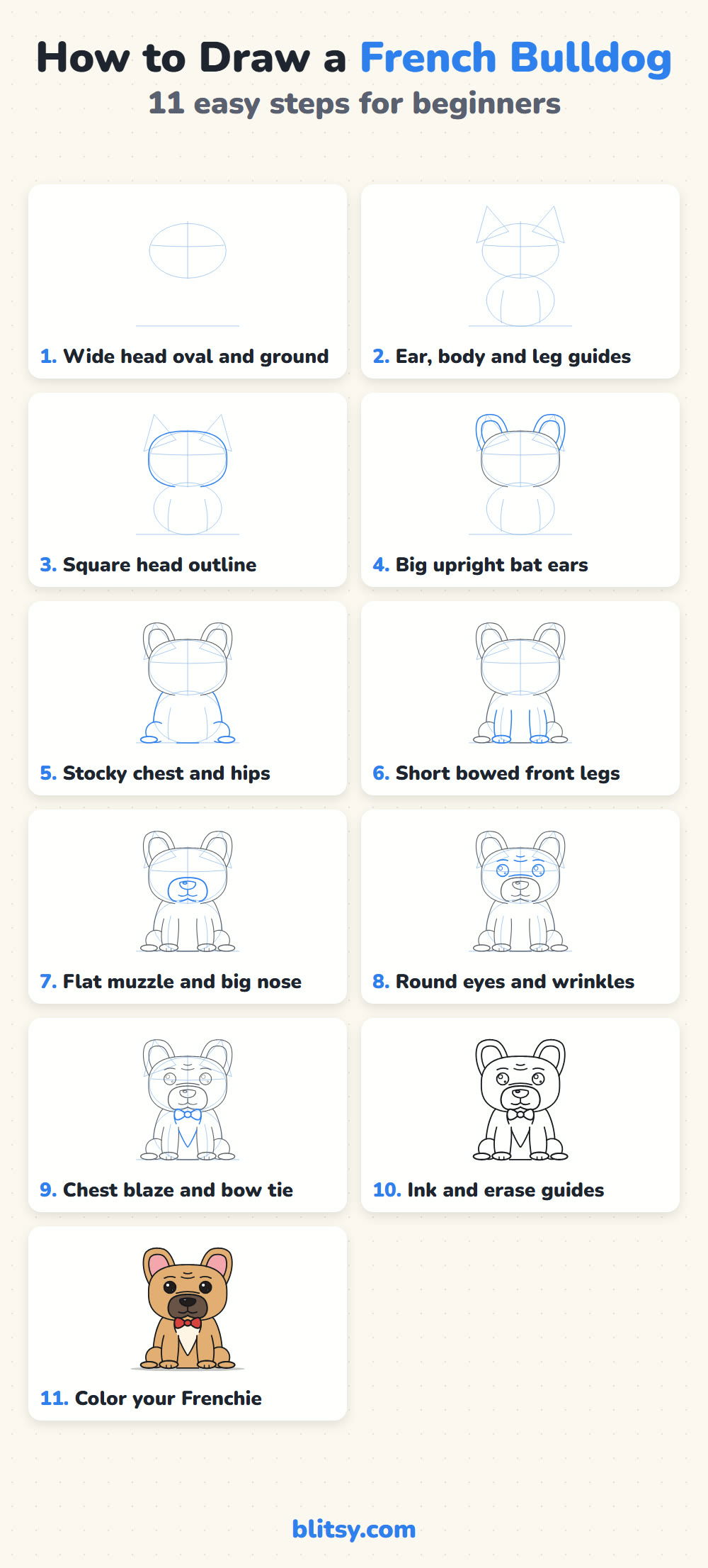 How to draw a french bulldog step by step - all 11 steps on one page (Pinterest)