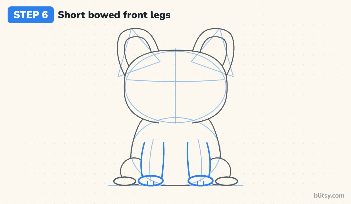 How to draw a french bulldog step by step step 6 - add short, bowed front legs