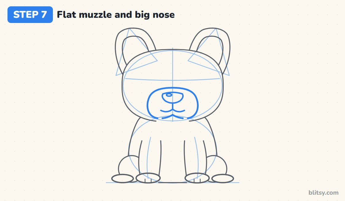 How to draw a french bulldog step by step step 7 - draw the flat muzzle and big nose