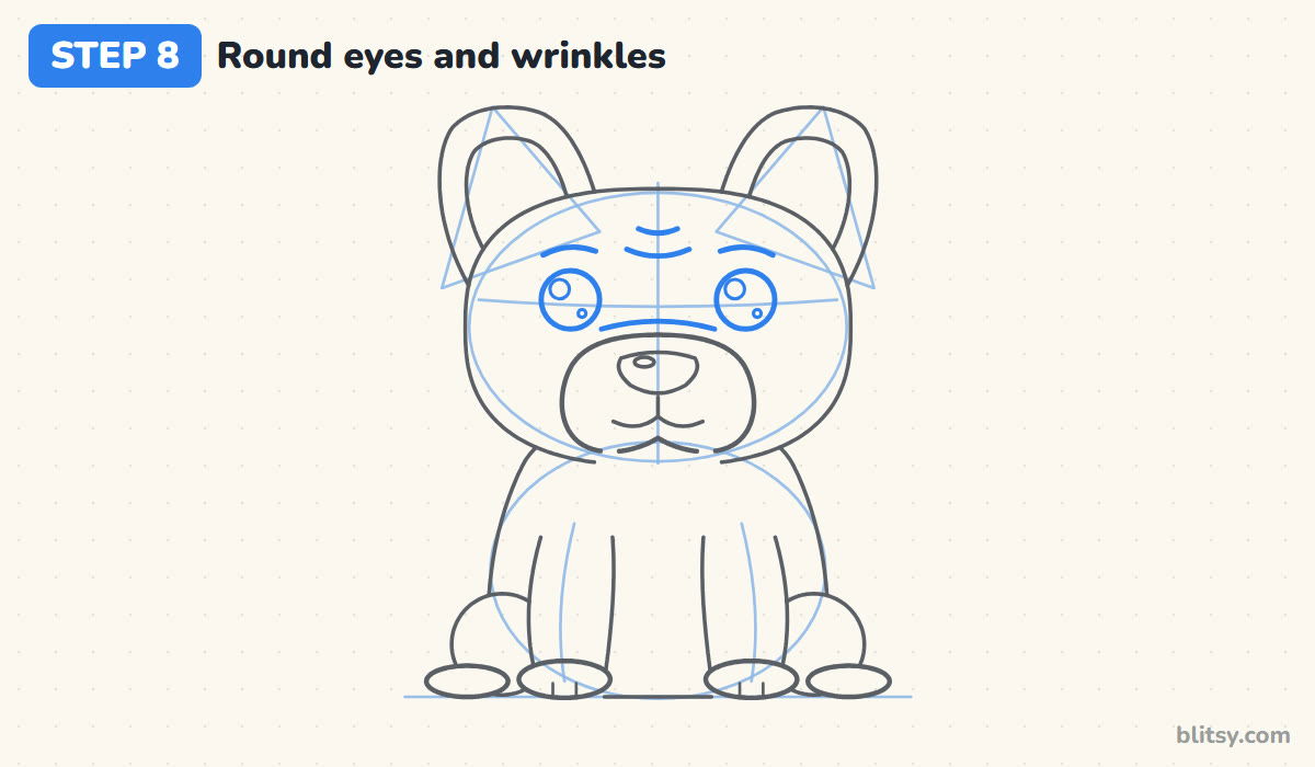How to draw a french bulldog step by step step 8 - add round eyes and forehead wrinkles
