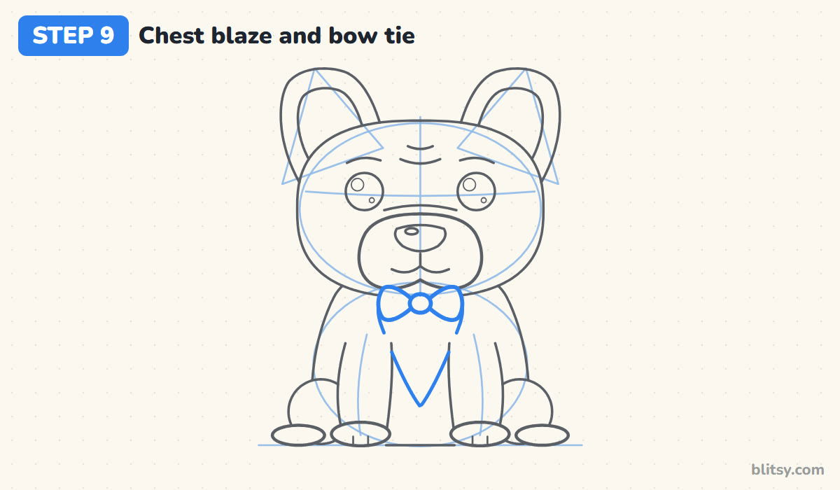 How to draw a french bulldog step by step step 9 - draw the white chest blaze and a bow tie