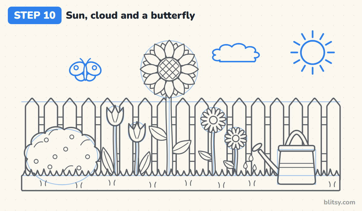 How to draw a garden step by step step 10 - add the sun, a cloud and a butterfly