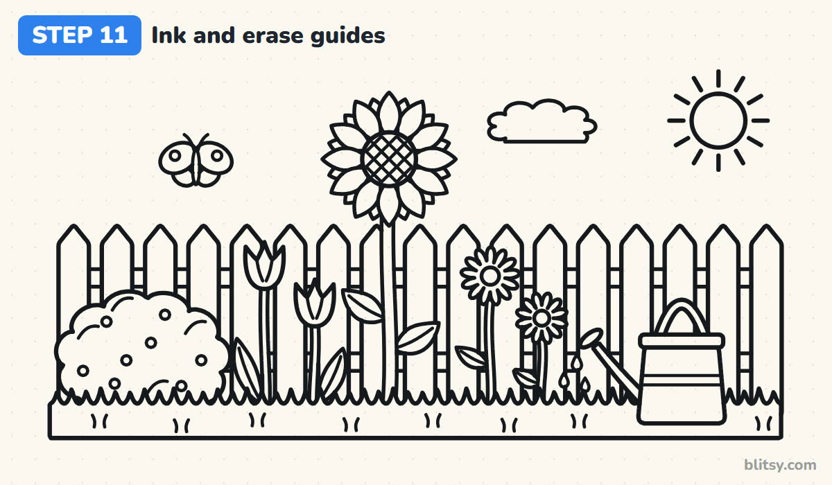 How to draw a garden step by step step 11 - ink the lines and erase the guides