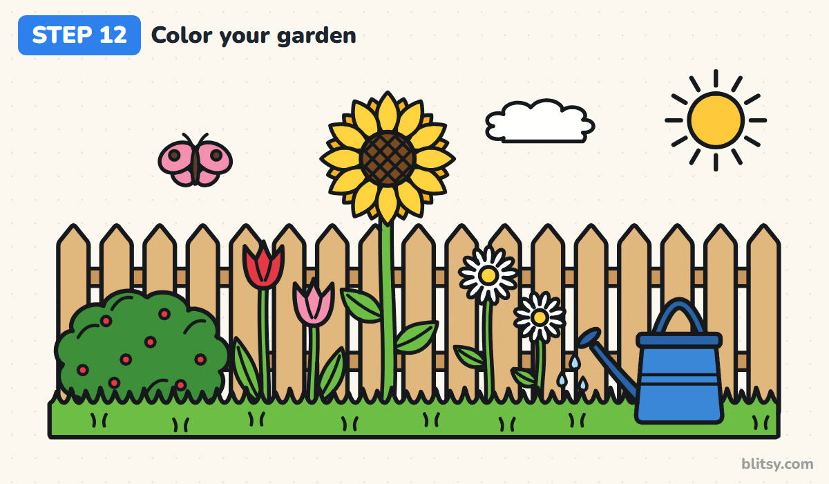 How to draw a garden step by step step 12 - color the garden