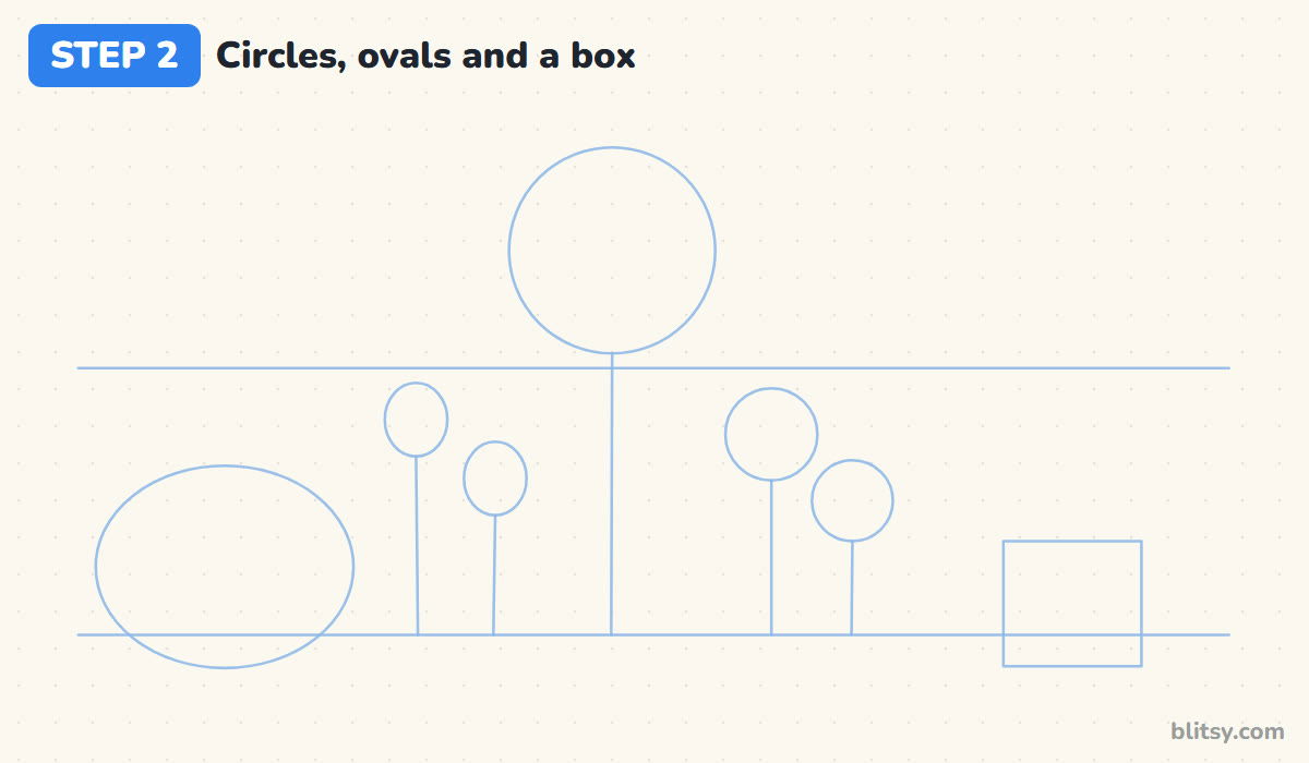 How to draw a garden step by step step 2 - place circles, ovals and a box