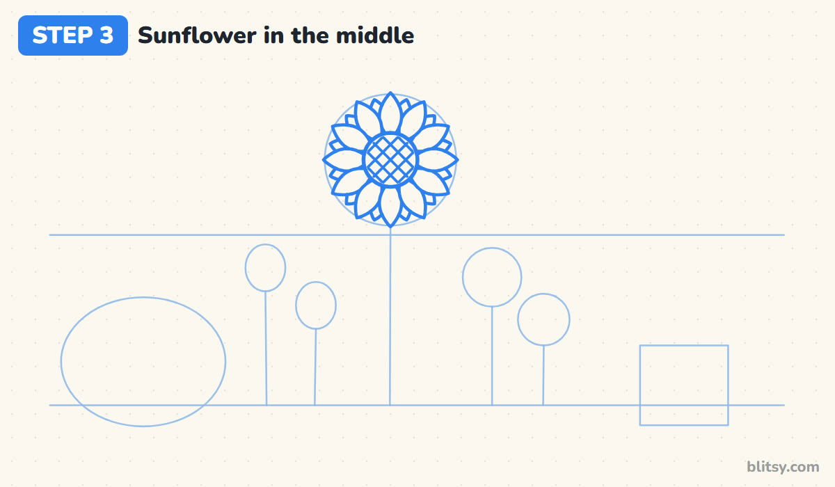 How to draw a garden step by step step 3 - draw the sunflower head