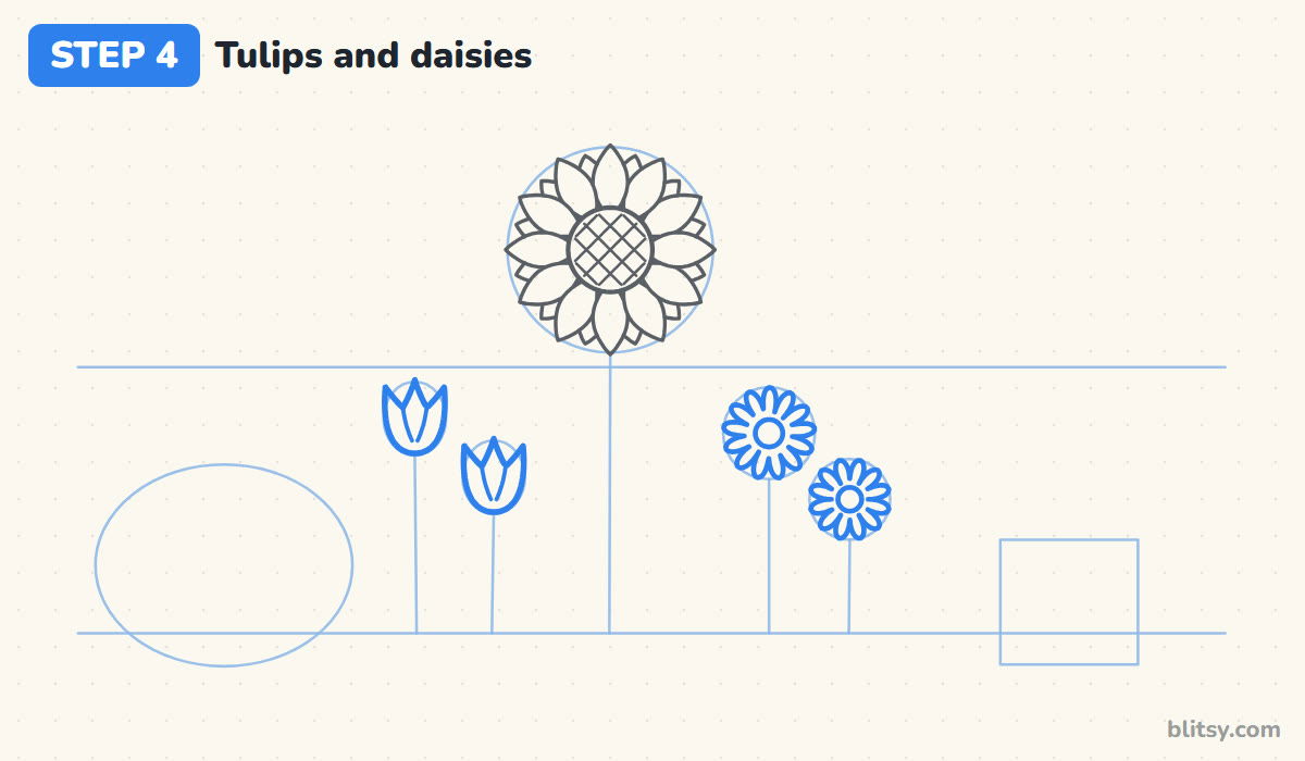 How to draw a garden step by step step 4 - add the tulips and the daisies