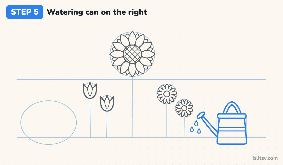How to draw a garden step by step step 5 - draw the watering can
