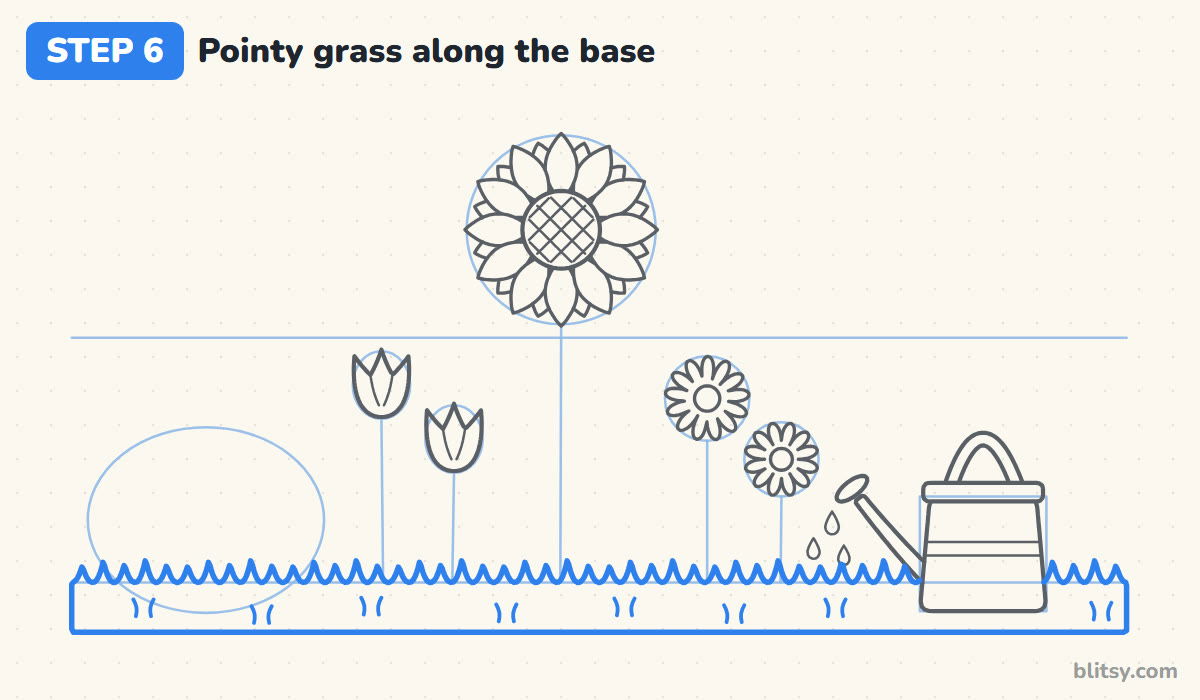 How to draw a garden step by step step 6 - add pointy grass along the bottom