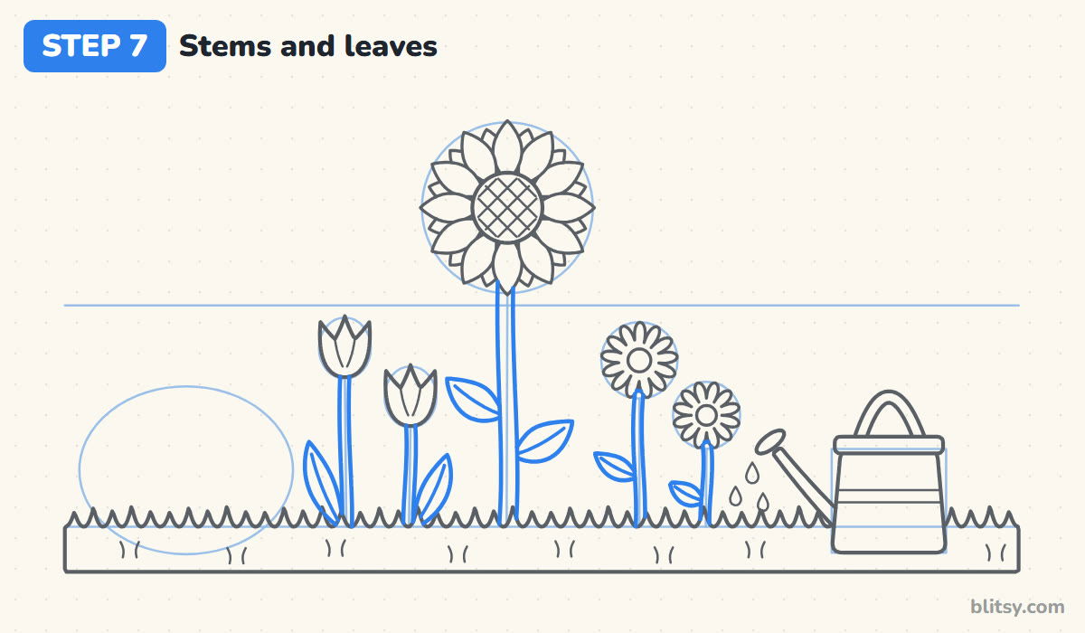 How to draw a garden step by step step 7 - draw stems and leaves