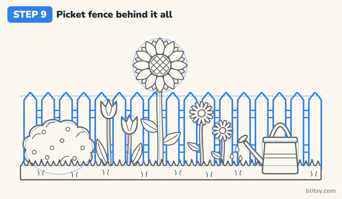 How to draw a garden step by step step 9 - draw the picket fence behind everything