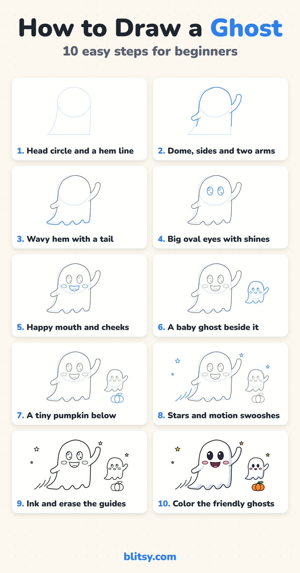 How to draw a ghost step by step - all 10 steps on one page (Pinterest)