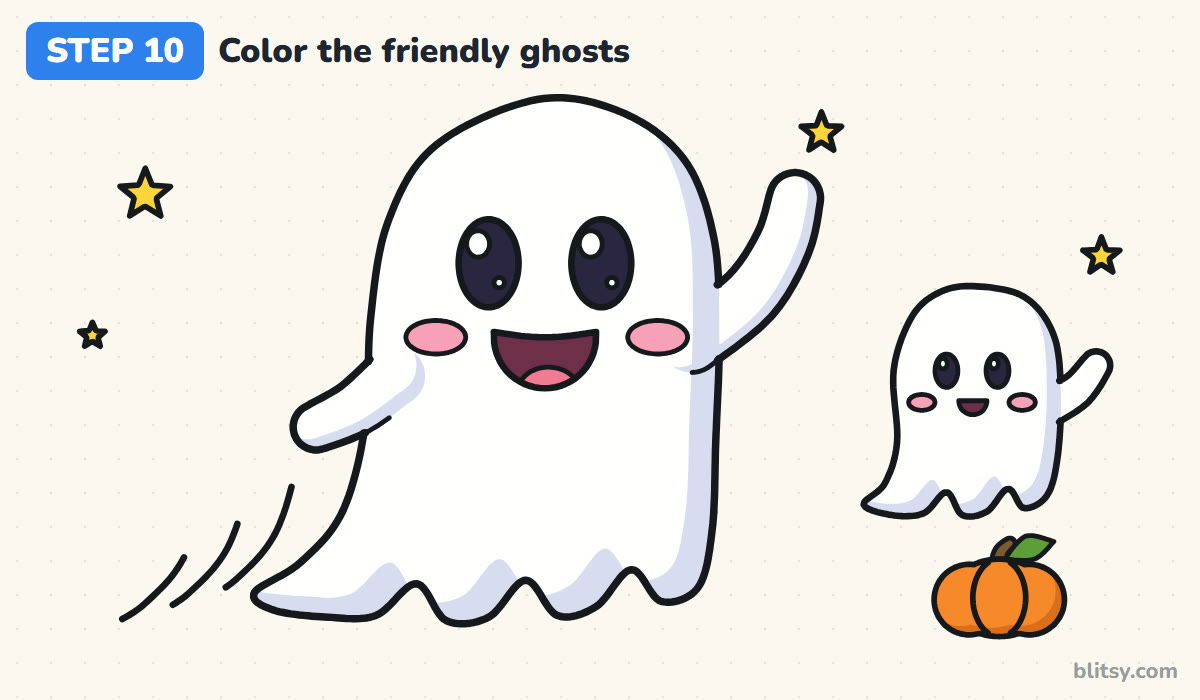 How to draw a ghost step by step step 10 - color the friendly ghosts