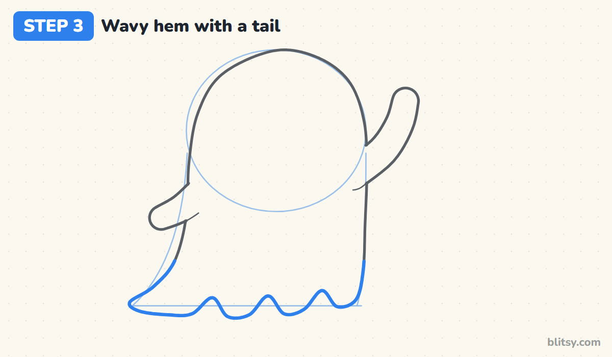 How to draw a ghost step by step step 3 - add a wavy hem with a trailing tail