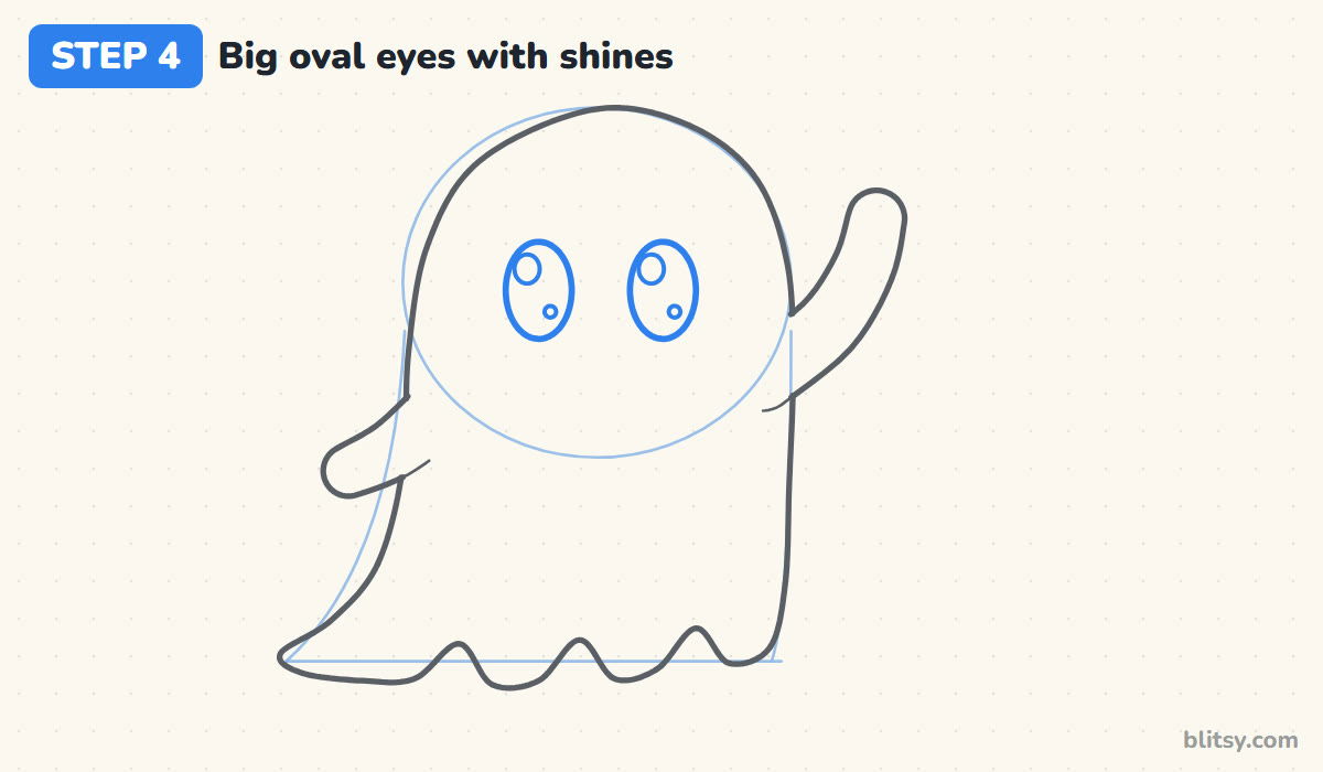 How to draw a ghost step by step step 4 - draw big oval eyes with shines