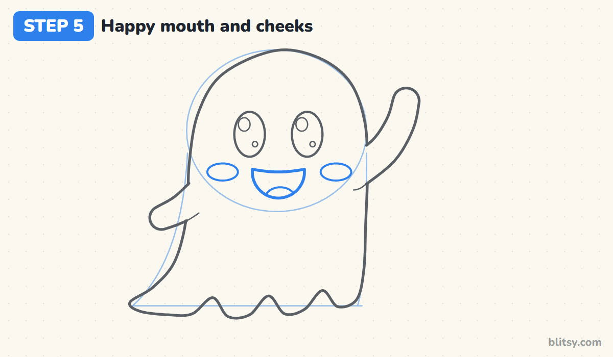 How to draw a ghost step by step step 5 - add a happy mouth and rosy cheeks