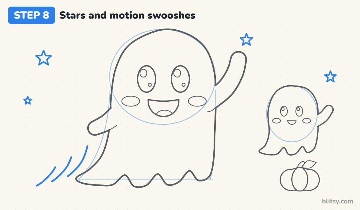 How to draw a ghost step by step step 8 - sprinkle stars and motion swooshes