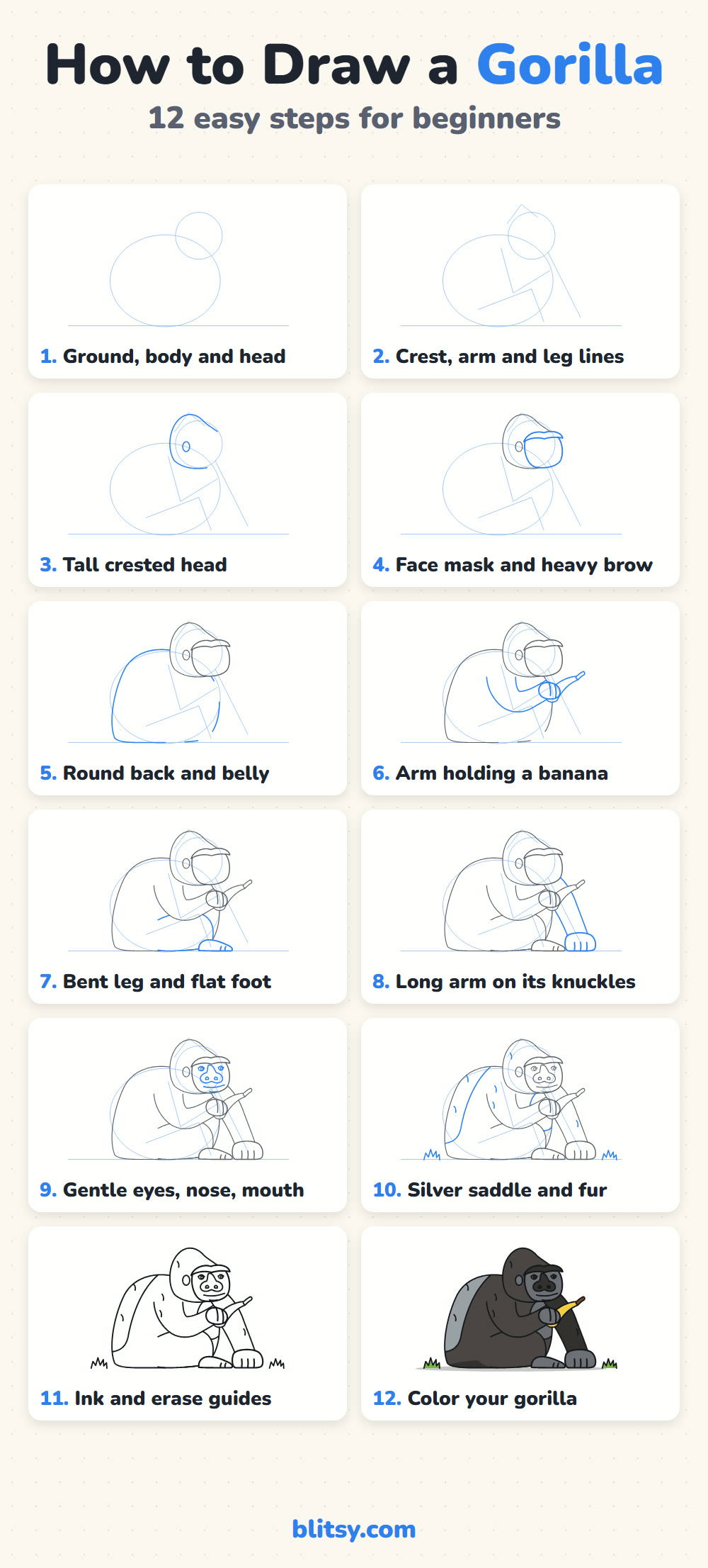 How to draw a gorilla step by step - all 12 steps on one page (Pinterest)