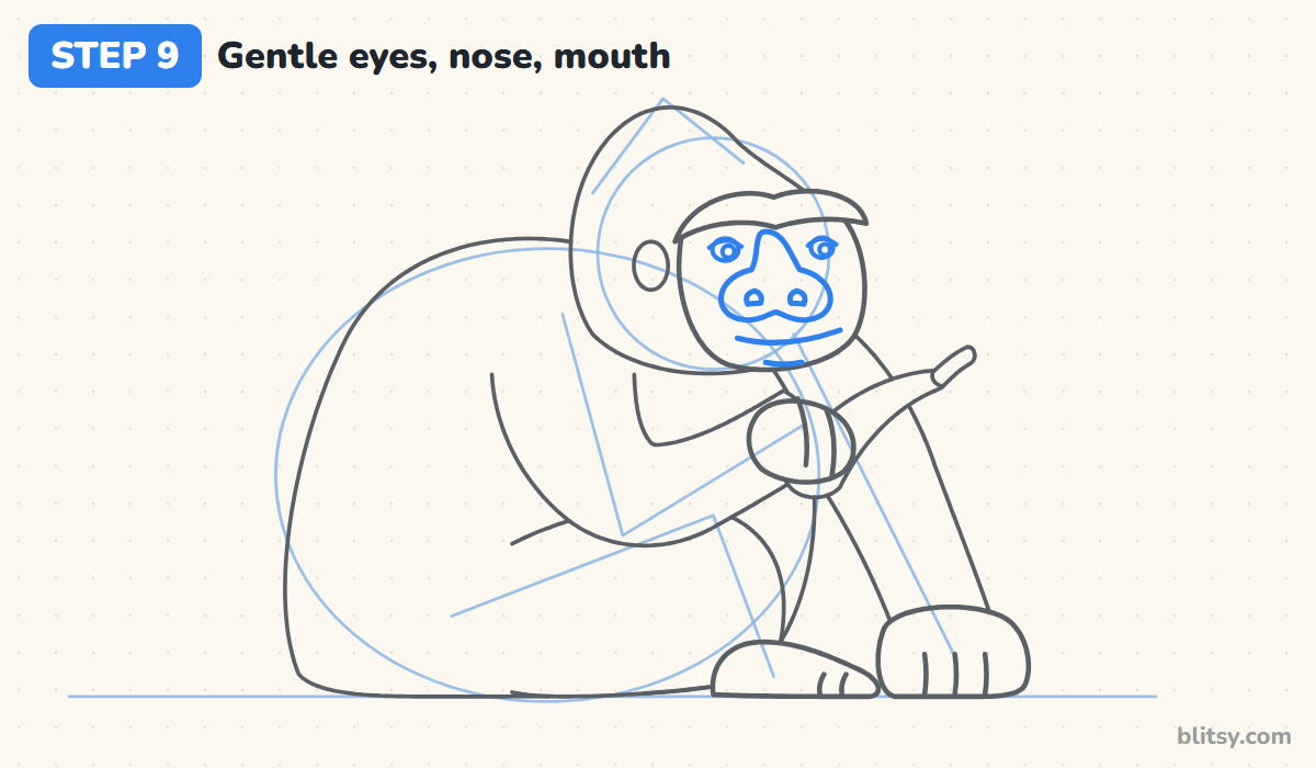 How to draw a gorilla step by step step 9 - give him gentle eyes, a broad nose and a calm mouth