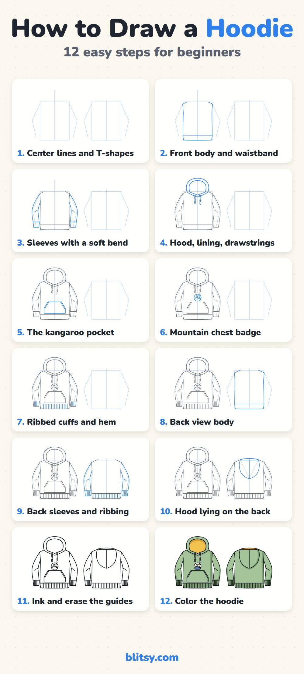 How to draw a hoodie step by step - all 12 steps on one page (Pinterest)