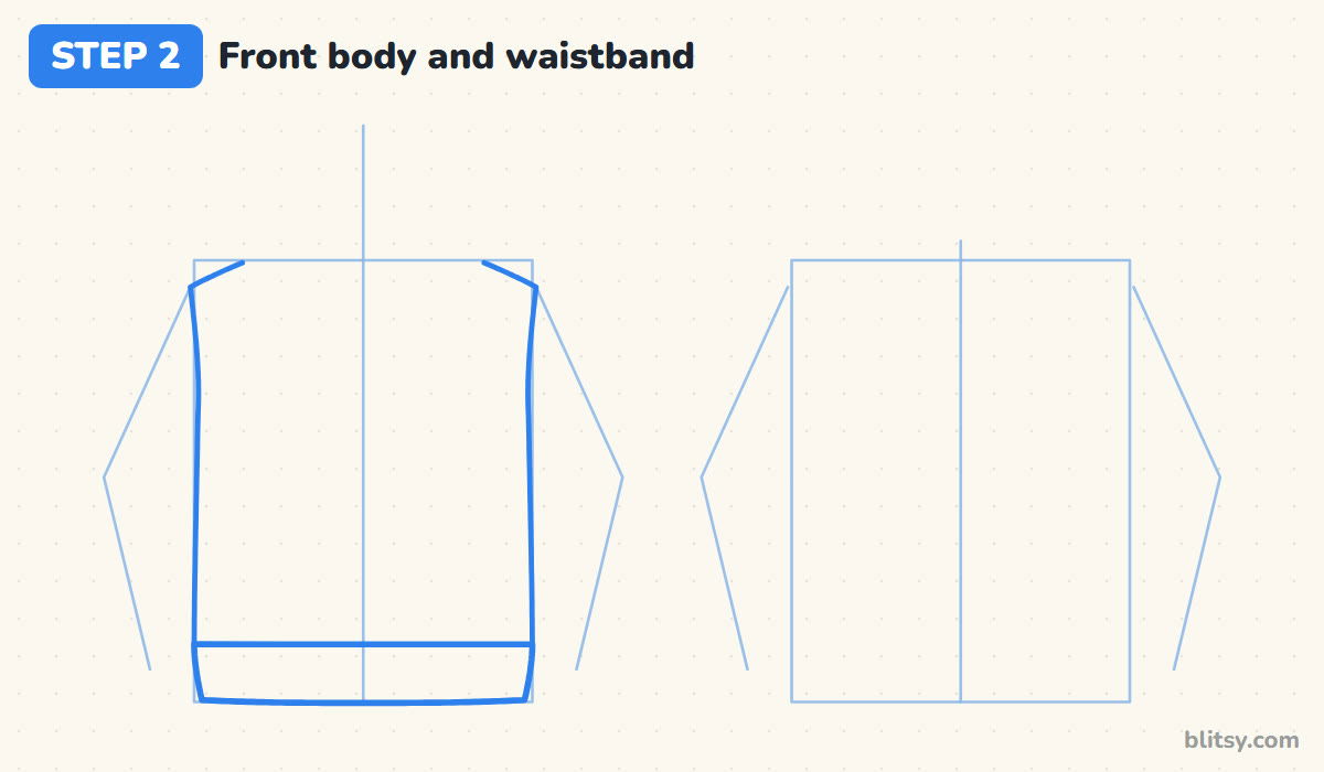 How to draw a hoodie step by step step 2 - draw the front body and the waistband