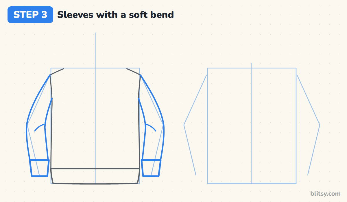 How to draw a hoodie step by step step 3 - add the sleeves with a soft bend