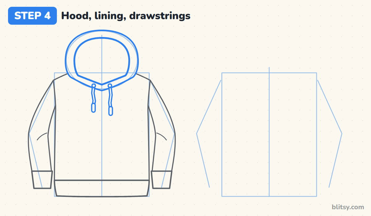How to draw a hoodie step by step step 4 - draw the hood, its lining and the drawstrings