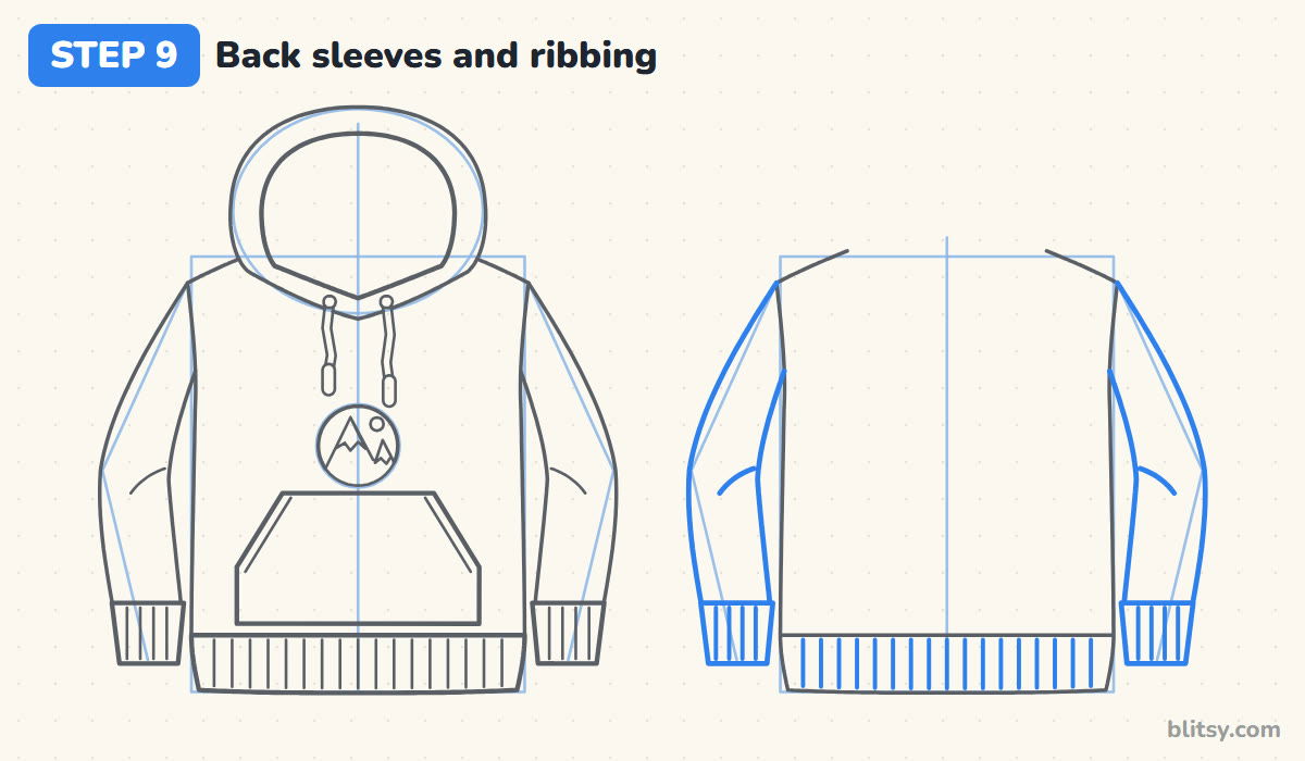 How to draw a hoodie step by step step 9 - add the back sleeves and ribbing