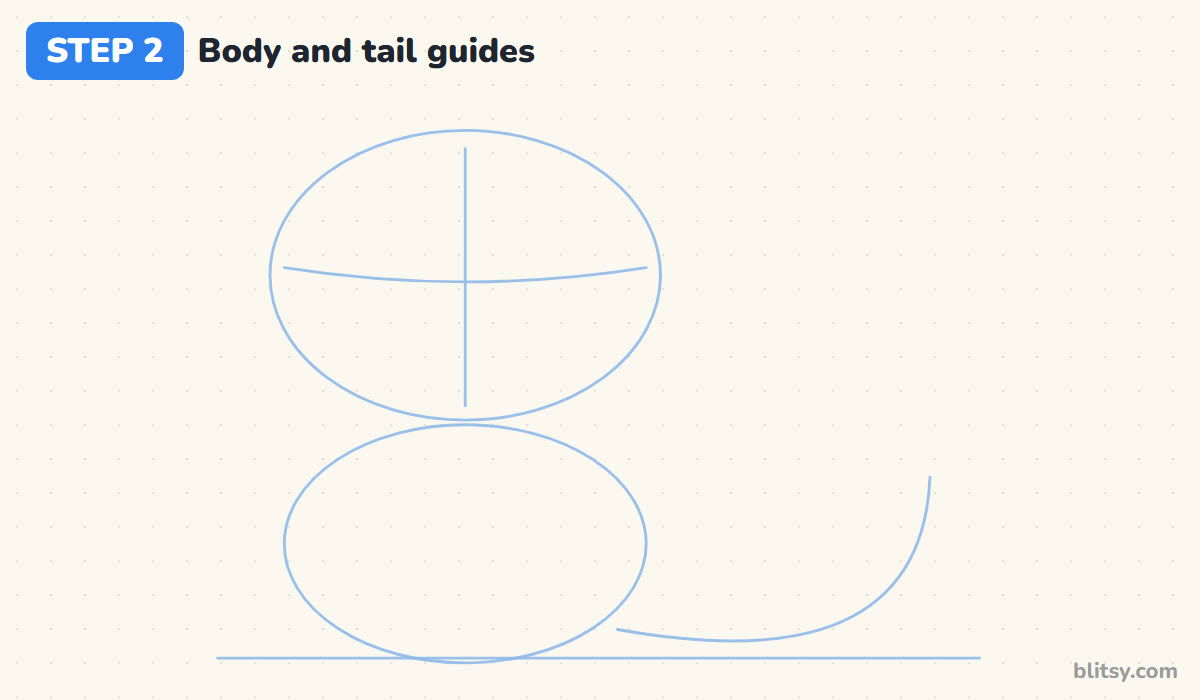 How to draw a kitten step by step step 2 - add the body oval and a tail line
