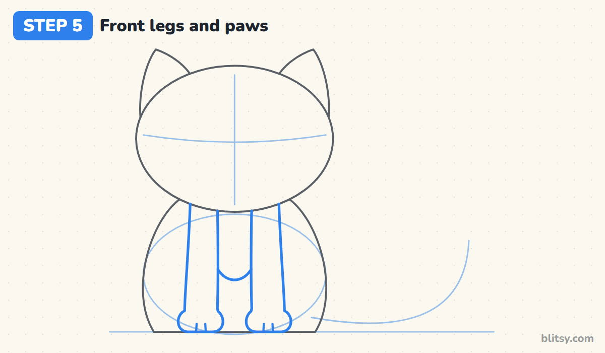 How to draw a kitten step by step step 5 - add the front legs and round paws