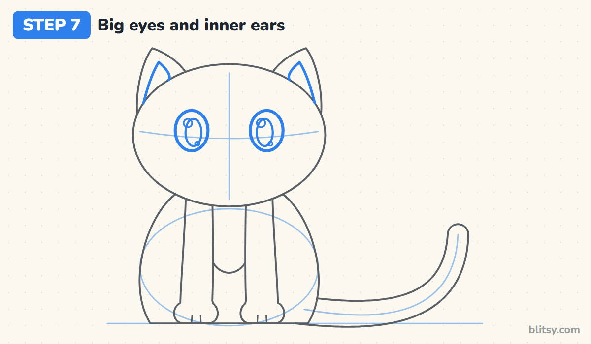 How to draw a kitten step by step step 7 - draw big eyes and the inner ears