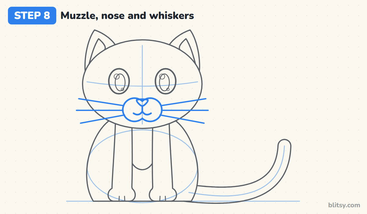 How to draw a kitten step by step step 8 - add the muzzle, nose and whiskers