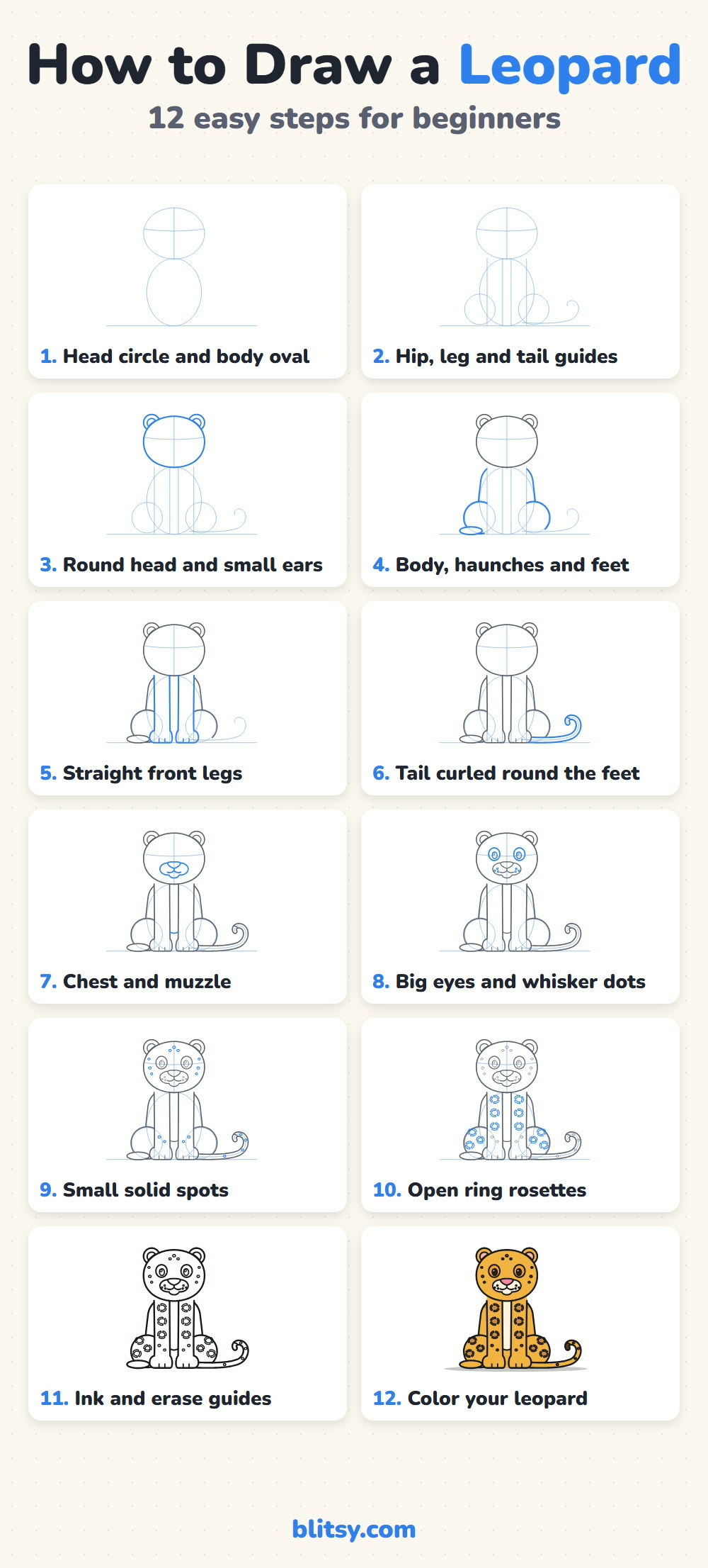 How to draw a leopard step by step - all 12 steps on one page (Pinterest)