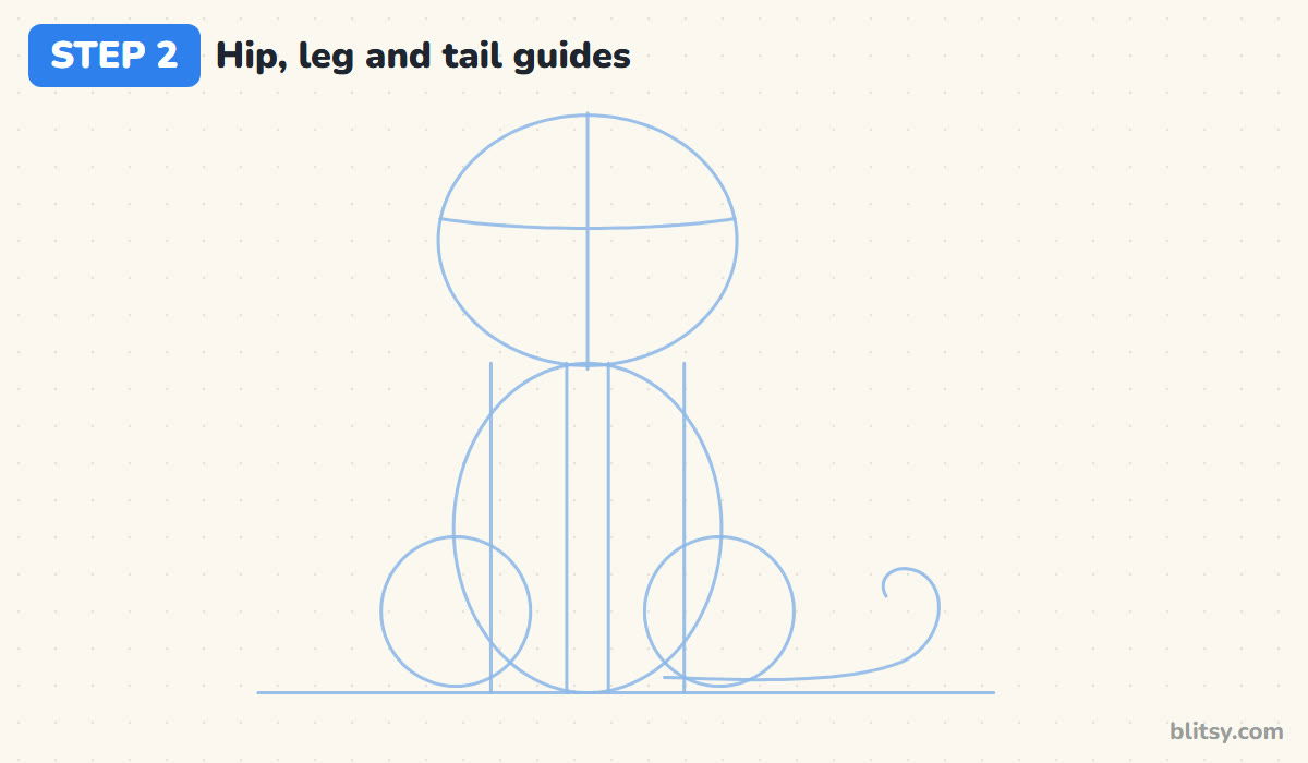 How to draw a leopard step by step step 2 - add hip circles, leg lines and a tail guide