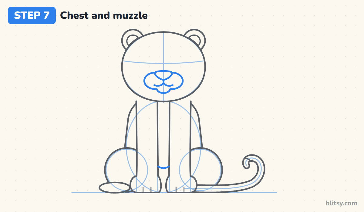 How to draw a leopard step by step step 7 - draw the chest and muzzle with a pink nose