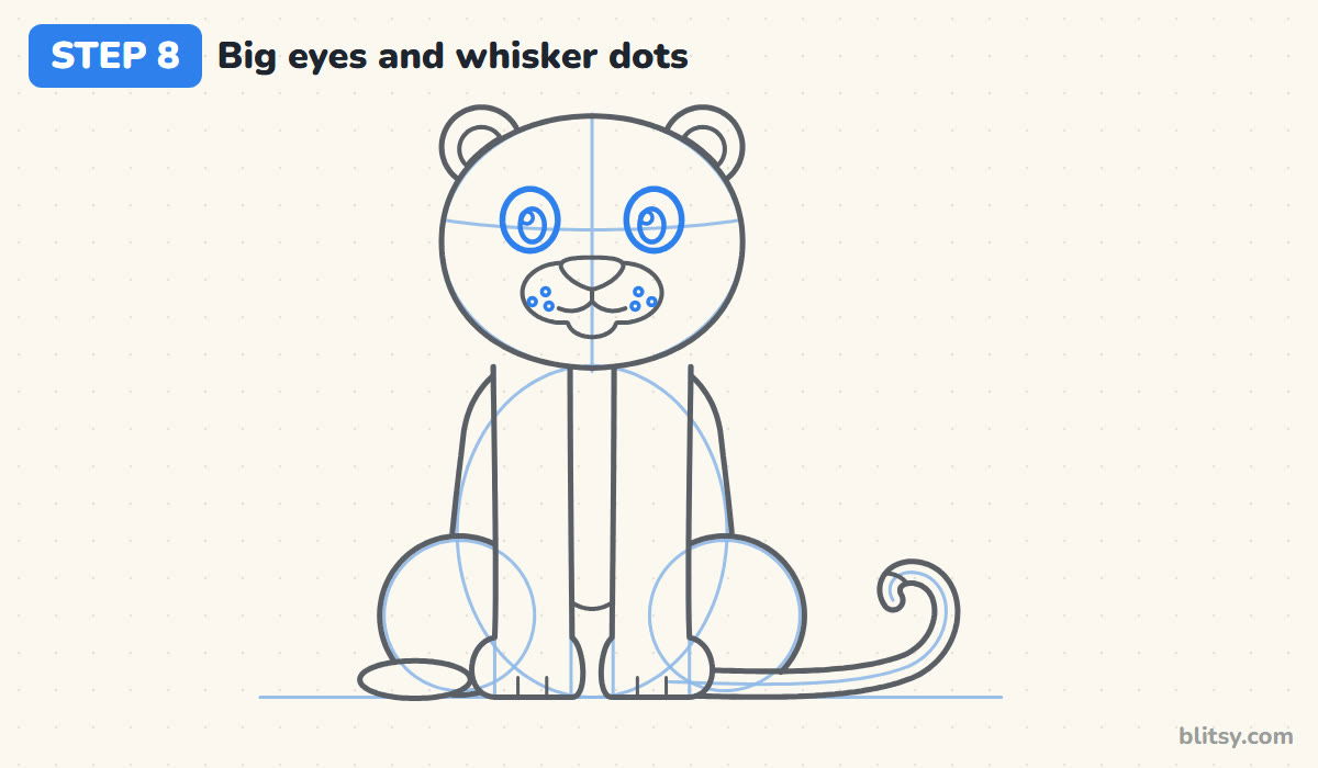 How to draw a leopard step by step step 8 - add big eyes and whisker dots