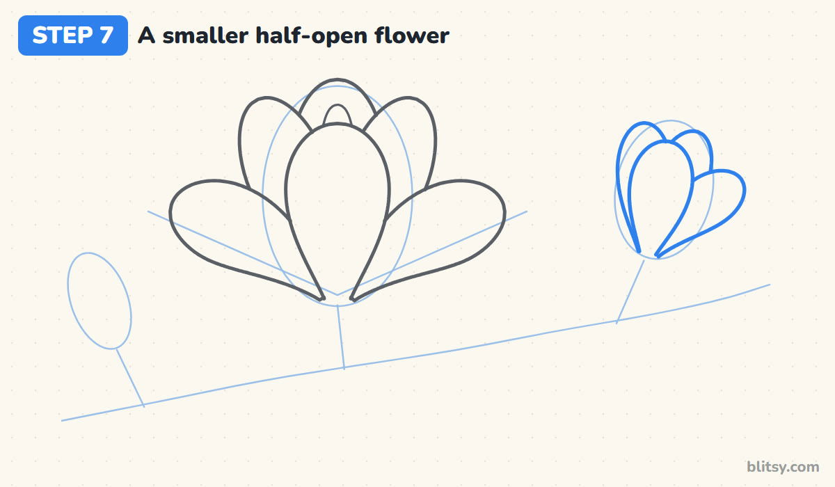 How to draw a magnolia flower step by step step 7 - draw a smaller half-open flower