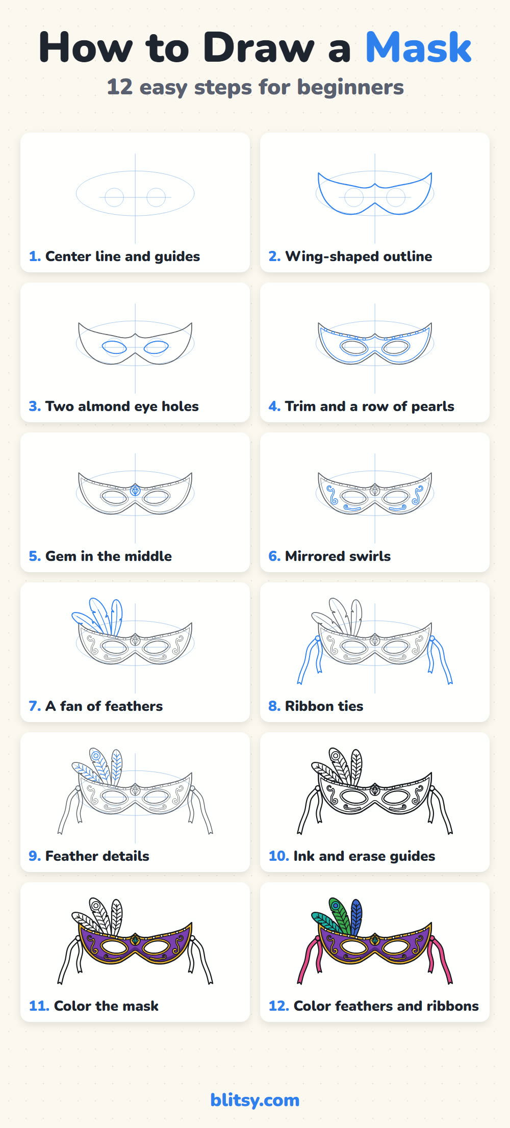 How to draw a mask step by step - all 12 steps on one page (Pinterest)