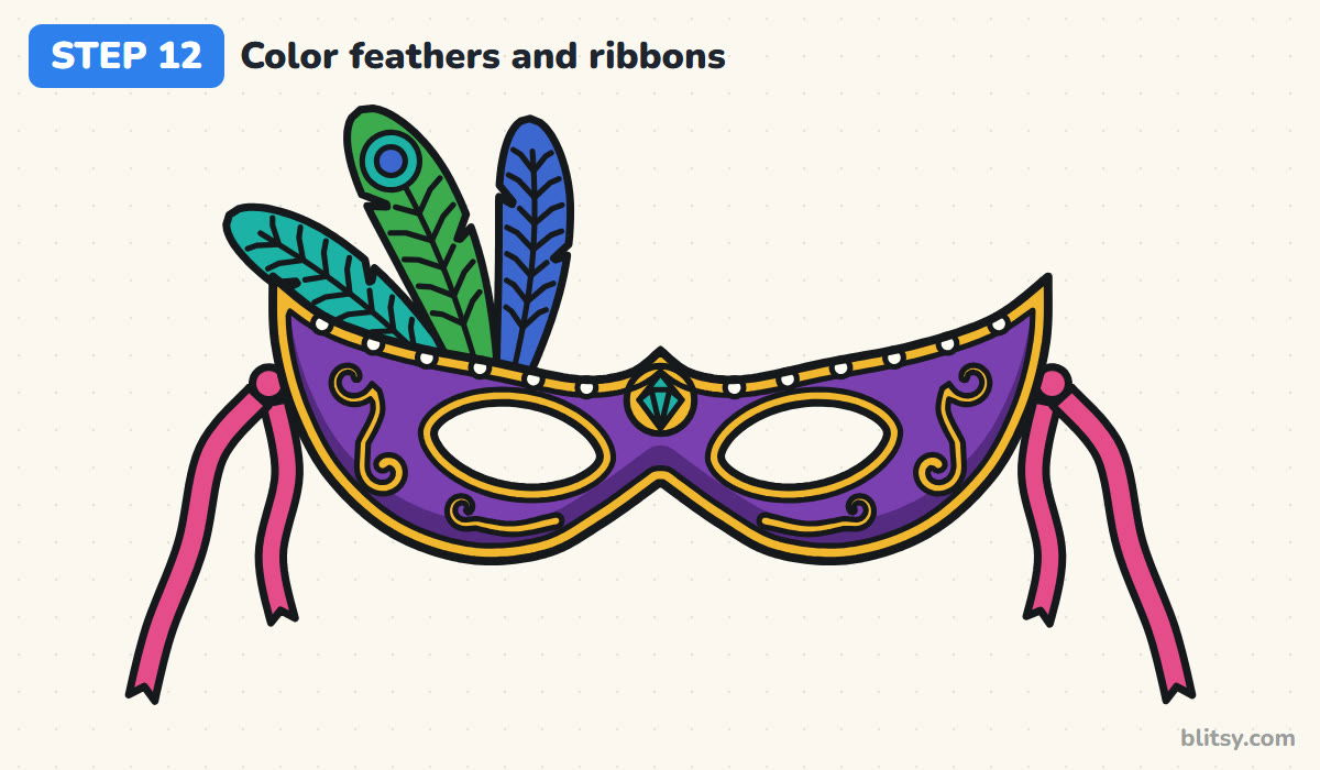 How to draw a mask step by step step 12 - color the feathers and ribbons