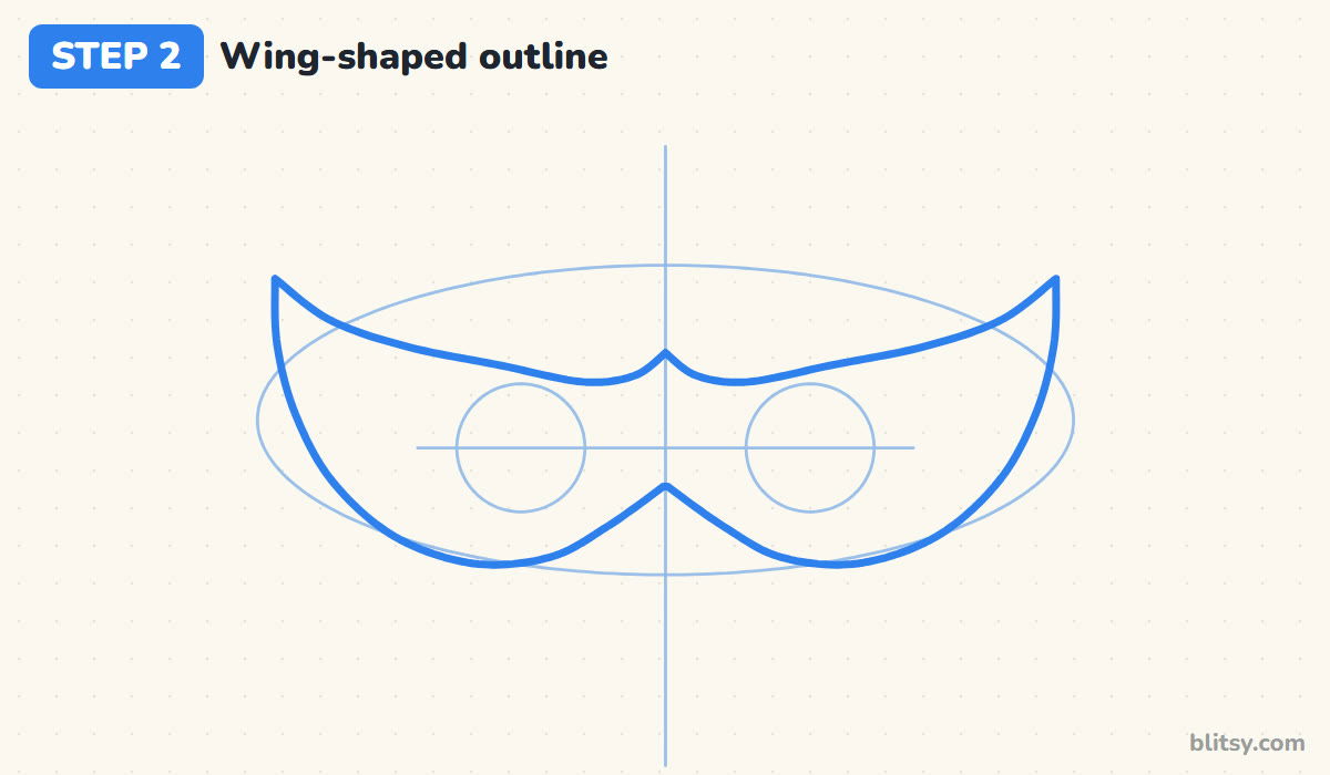 How to draw a mask step by step step 2 - draw the wing-shaped outline