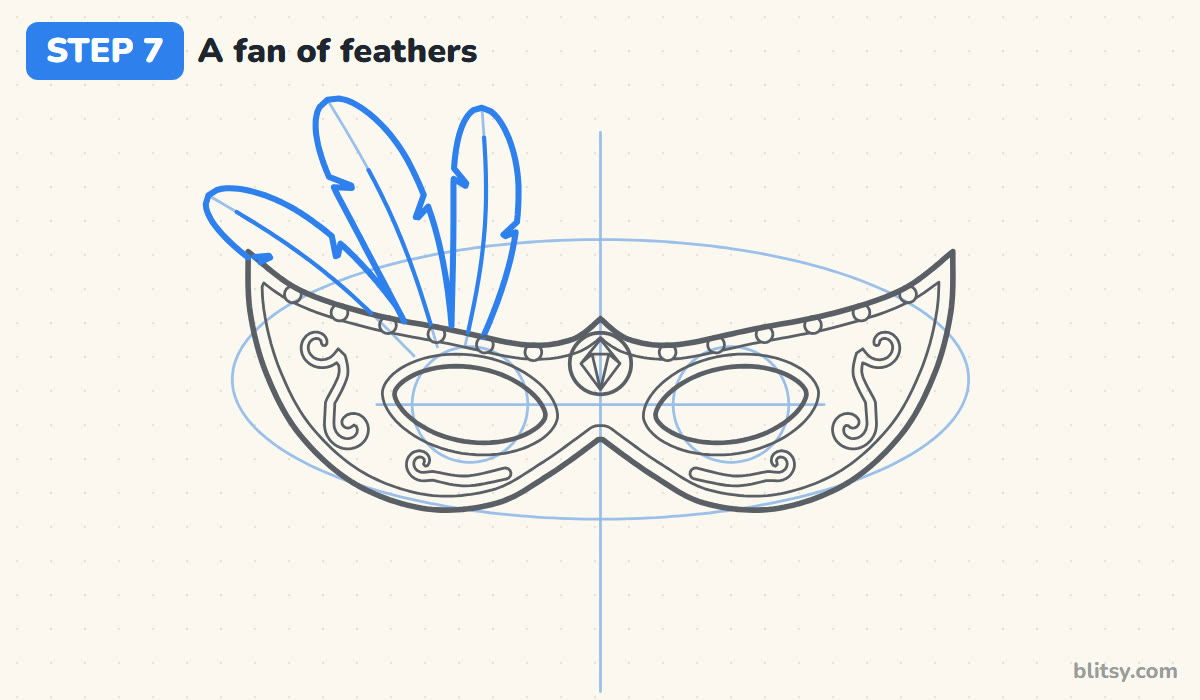 How to draw a mask step by step step 7 - fan three feathers from the left wing