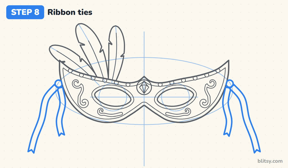 How to draw a mask step by step step 8 - hang the ribbon ties