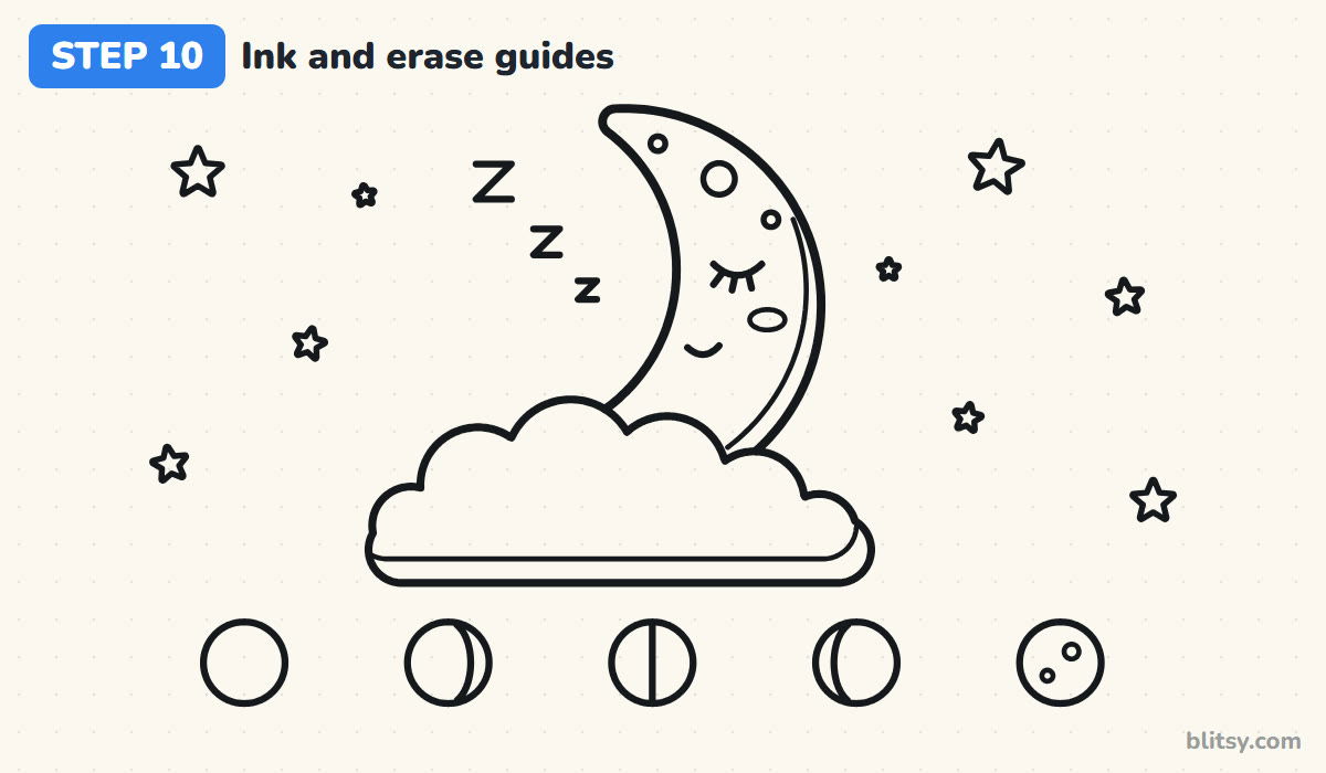 How to draw a moon step by step step 10 - ink the drawing and erase the guides