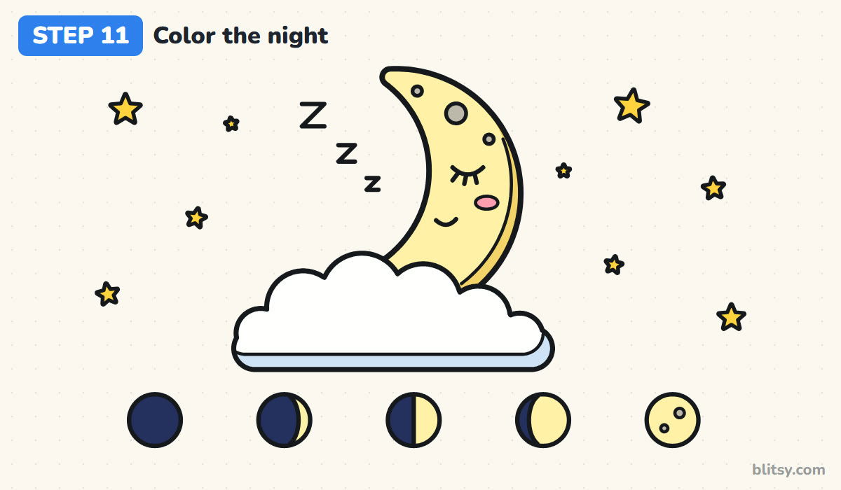 How to draw a moon step by step step 11 - color the night scene